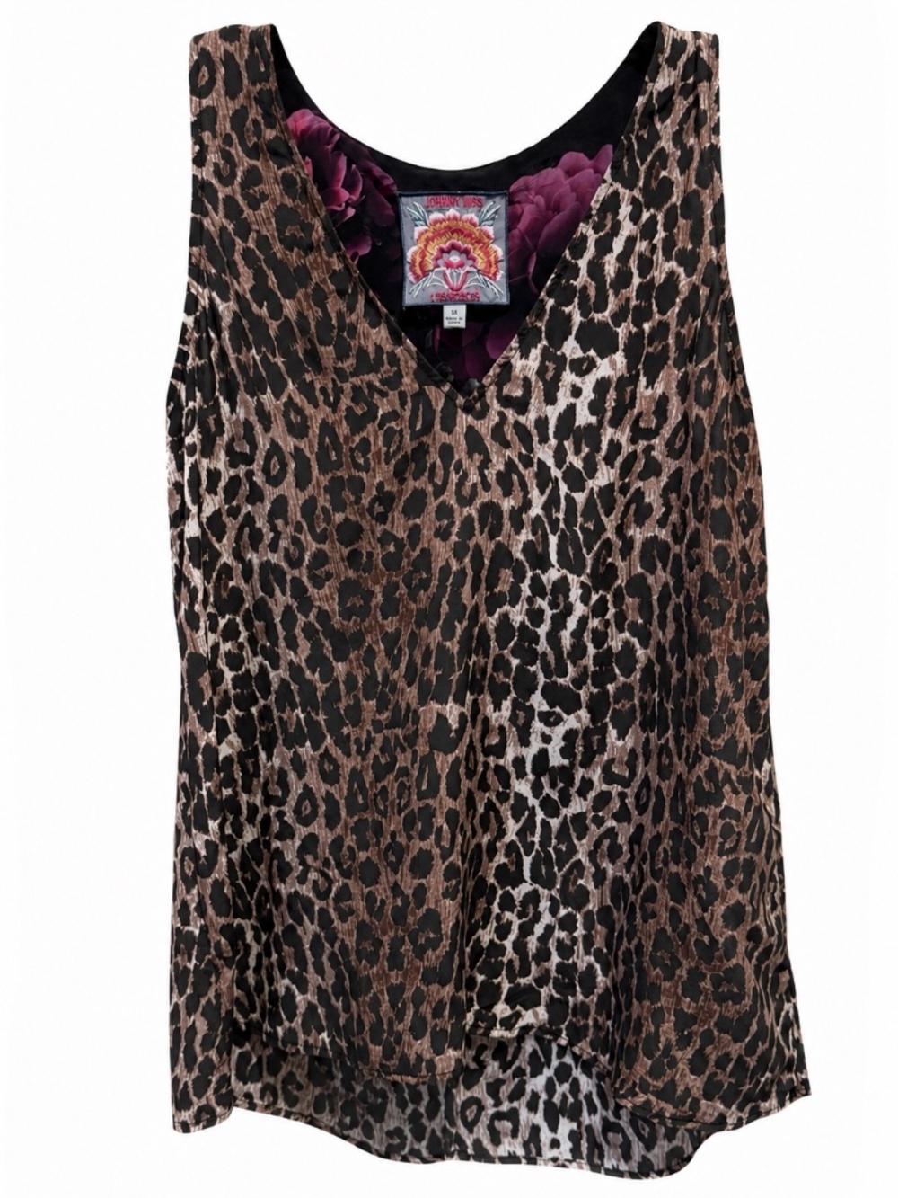 Johnny Was XS Low Cut V Neck Sleeveless Leopard Print A Line Silk Top Swing